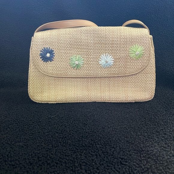 Handbags - Embroidered Tan Woven Handbag